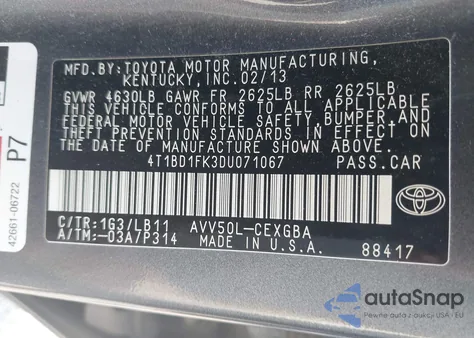 2013 Toyota Camry Hybrid Xle from USA, damaged, VIN 4T1BD1FK3DU071067